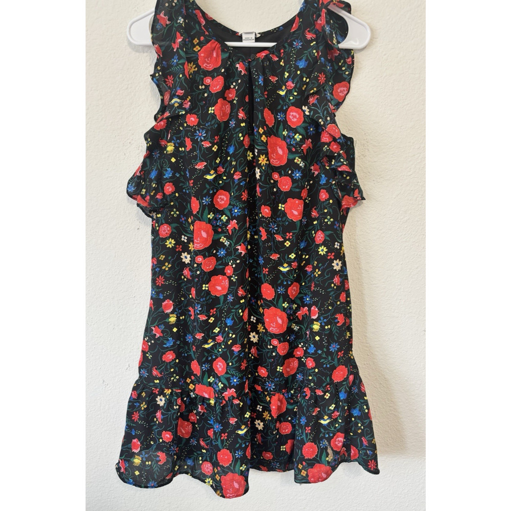 J.Crew Black Floral Sleeveless Dress XS Ruffle Trim‎ Keyhole Neckline Brunch